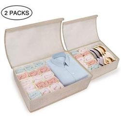 LEEFE Drawer Organizer with Lids, 2 Pack Foldable Divider Organizers Closet Underwear Storage Boxes for Sortin Socks, Bra, Scarves and Lingerie in Wardrobe or Under Bed, Breathable Washable Linen Fabric