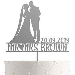 Personalized Wedding Cake Topper With Customized Bride and Groom Last Name or Marriage Date for Mr Mrs (Silver Mirror)