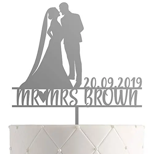 Personalized Wedding Cake Topper With Customized Bride and Groom Last Name or Marriage Date for Mr Mrs (Silver Mirror) Personalized Wedding Cake Topper With Customized Bride and Groom Last Name or Marriage Date for Mr Mrs (Silver Mirror)