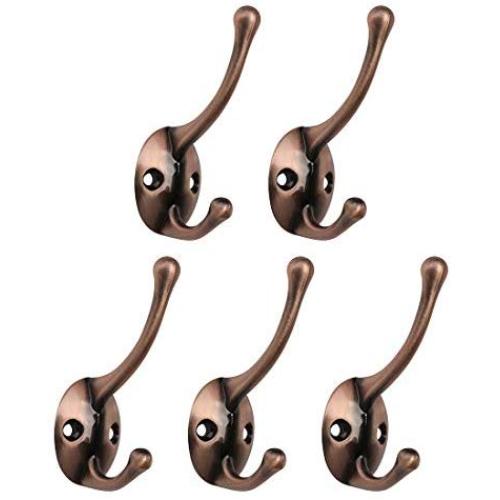 uxcell 5pcs Dual Wall Hooks Zinc Alloy Wall Mounted Coat Hat Double Robe Hooks Clothes Hanger Holder w Screws Copper Tone