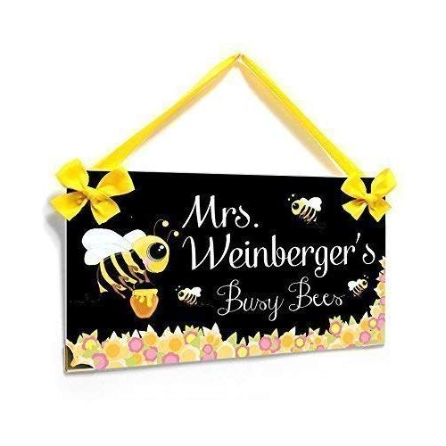 Personalized Door Hanger for Classroom Black Busy Bees Theme