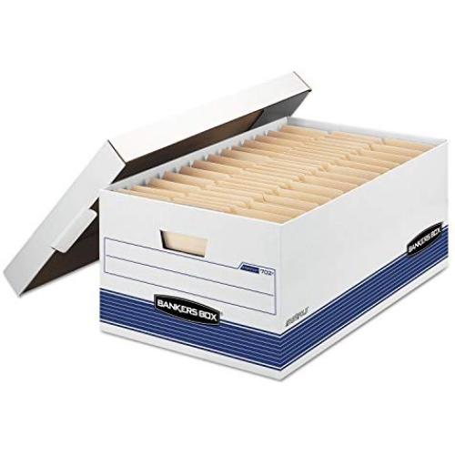 Bankers Boxes Stor/File Storage Boxes, Medium-Duty, FastFold, Lift-Off Lid, Legal, White/Blue, 60% Recycled Content, 24“D x 15"W x 10"H, Pack of 12 Bankers Boxes Stor/File Storage Boxes, Medium-Duty, FastFold, Lift-Off Lid, Legal, White/Blue, 60% Recycled Content, 24“D x 15"W x 10"H, Pack of 12
