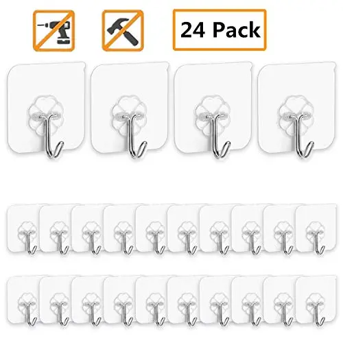 Adhesive Hooks Kitchen Wall Hooks- 24 Packs Heavy Duty 13.2lb(Max) Nail Free Sticky Hangers with Stainless Hooks Reusable Utility Towel Bath Ceiling Hooks (Adhesive Hooks) Adhesive Hooks Kitchen Wall Hooks- 24 Packs Heavy Duty 13.2lb(Max) Nail Free Sticky Hangers with Stainless Hooks Reusable Utility Towel Bath Ceiling Hooks (Adhesive Hooks)
