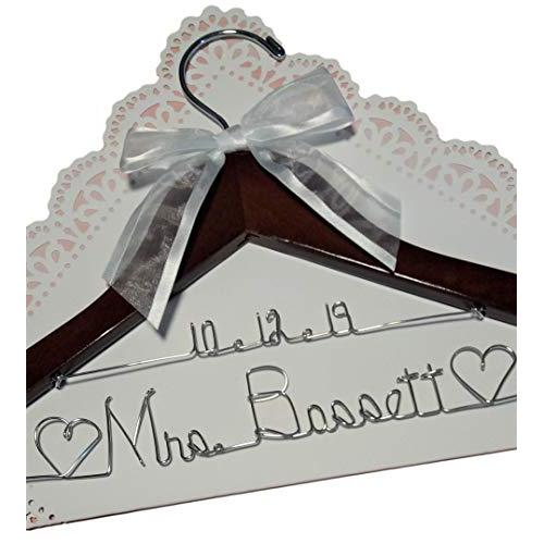 Personalized Bridal Wedding Dress Hanger With Date - Any Name Custom Made Silver Dark Wood Hanger with Notches in Hanger, Bride Gift - Choice of 9 Bow Colors. Wedding Shower Gift