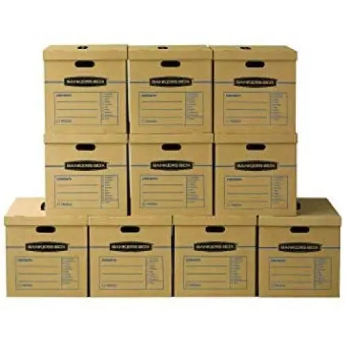 Bankers Boxes SmoothMove Classic Moving Boxes, Tape-Free Assembly, Easy Carry Handles, Large, 21 x 17 x 17 Inches, 10 Pack (7718202) Bankers Boxes SmoothMove Classic Moving Boxes, Tape-Free Assembly, Easy Carry Handles, Large, 21 x 17 x 17 Inches, 10 Pack (7718202)