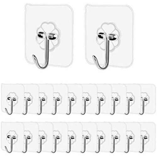 Wall Hooks 33lb(MAX)/15 kg Heavy Duty Self Adhesive Hooks,Waterproof and Oilproof,Transparent Reusable Seamless Hooks Strong,Suitable for Bathroom Kitchen,20 Pack