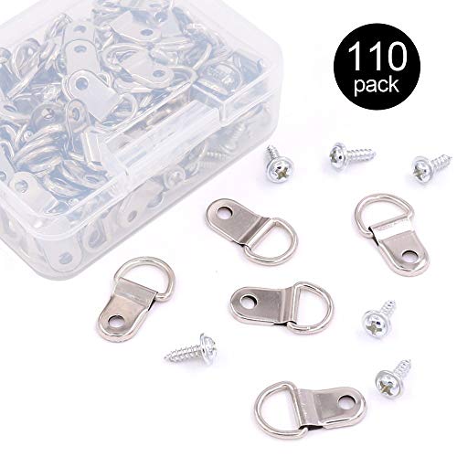 Rustark 110Pcs Silver Metal D Ring Picture Hangers Frame Hanging Hangers Single Hole with Screws for Picture Painting Frame Cross-stitch