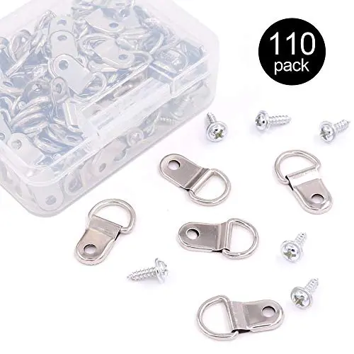 Rustark 110Pcs Silver Metal D Ring Picture Hangers Frame Hanging Hangers Single Hole with Screws for Picture Painting Frame Cross-stitch
