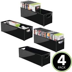 mDesign Plastic Stackable Household Storage Organizer Container Bin with Handles - for Media Consoles, Closets, Cabinets - Holds DVDs, Video Games, Gaming Accessories, Head Sets - 4 Pack - Black