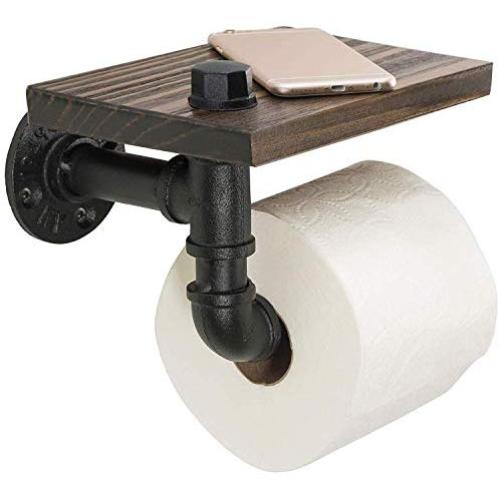 BelVIST Industrial Pipe Toilet Paper Holder with Rustic Wooden Shelf Metal Wall Storage Iron Pipe Roll Hanger for Bathroom, Washroom