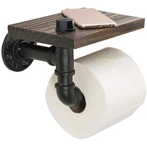 BelVIST Industrial Pipe Toilet Paper Holder with Rustic Wooden Shelf Metal Wall Storage Iron Pipe Roll Hanger for Bathroom, Washroom BelVIST Industrial Pipe Toilet Paper Holder with Rustic Wooden Shelf Metal Wall Storage Iron Pipe Roll Hanger for Bathroom, Washroom