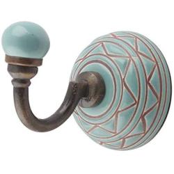 Indianshelf Handmade 1 Artistic Vintage Green Ceramic Etched Pattern Wall Hooks Hangers/Clothes Hooks for Wall