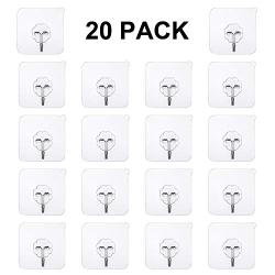 Hong fa 20 Pack Heavy Duty Hooks, 22 lb(Max) Transparent Reusable Seamless Hooks No Scratch Hooks ,Waterproof and Oilproof,Transparent Bathroom Kitchen Key Wall Hook, Ceiling Hanger