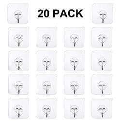 Hong fa 20 Pack Heavy Duty Hooks, 22 lb(Max) Transparent Reusable Seamless Hooks No Scratch Hooks ,Waterproof and Oilproof,Transparent Bathroom Kitchen Key Wall Hook, Ceiling Hanger