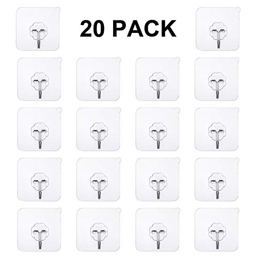 Hong fa 20 Pack Heavy Duty Hooks, 22 lb(Max) Transparent Reusable Seamless Hooks No Scratch Hooks ,Waterproof and Oilproof,Transparent Bathroom Kitchen Key Wall Hook, Ceiling Hanger