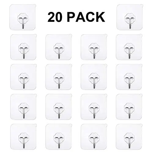 Hong fa 20 Pack Heavy Duty Hooks, 22 lb(Max) Transparent Reusable Seamless Hooks No Scratch Hooks ,Waterproof and Oilproof,Transparent Bathroom Kitchen Key Wall Hook, Ceiling Hanger