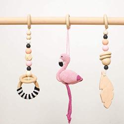 Black and pink baby gym mobiles by LanaCrocheting. Set of 3: Flamingo, feather, ring. Wooden play gym hangers. Crochet rattle. Baby shower gift. Sensory development.