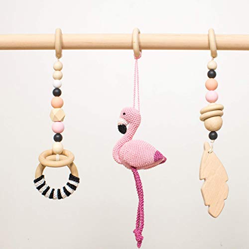 Black and pink baby gym mobiles by LanaCrocheting. Set of 3: Flamingo, feather, ring. Wooden play gym hangers. Crochet rattle. Baby shower gift. Sensory development.