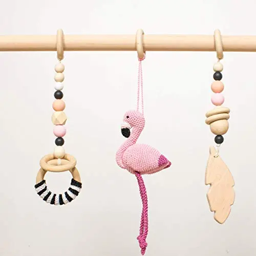Black and pink baby gym mobiles by LanaCrocheting. Set of 3: Flamingo, feather, ring. Wooden play gym hangers. Crochet rattle. Baby shower gift. Sensory development.