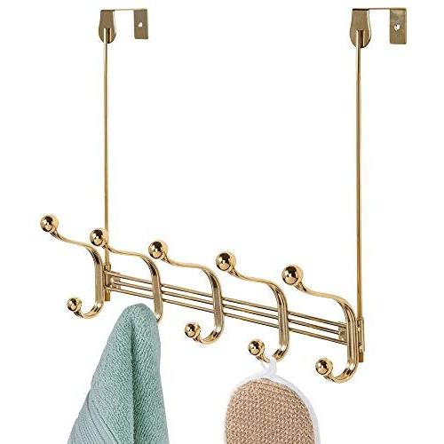 mDesign Decorative Over Door or Wall Mount 10 Hook Metal Storage Organizer Rack for Coats, Hoodies, Hats, Scarves, Purses, Leashes, Bath Towels & Robes - Soft Brass