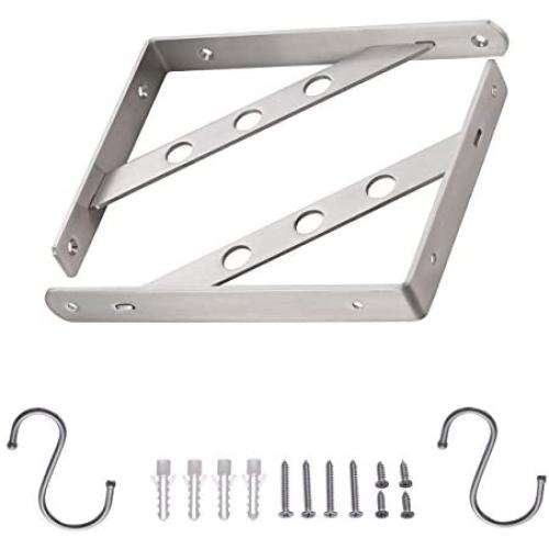 YUMORE Shelf Bracket 10'', Heavy Duty Stainless Steel Solid Shelf Support Corner Brace Joint Right Angle Bracket, The Bar with Hole to Hang Clothes Hooks or S Hook, 1 L Bracket with 2 S Hook,2 Pack