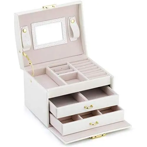 RR ROUND RICH DESIGN Jewelry Boxes - Multifunctional Portable Travel Jewelry Storage Case with 2 Drawers Top Mirror and Metal Lock - White RR ROUND RICH DESIGN Jewelry Boxes - Multifunctional Portable Travel Jewelry Storage Case with 2 Drawers Top Mirror and Metal Lock - White