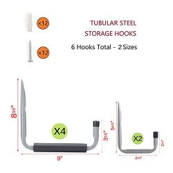 Heavy Duty 9” Large Arm Garage Storage Hanging Hooks with EVA Protector by Ihometech, Wall Mount Garage Hangers & Organizer for Ladders,Tools,Bikes and Chair Hose | (6 Pack - Gray)