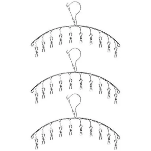 3 Pack Stainless Steel Laundry Drying Rack Clothes Hanger with 10 Clips For Drying Socks,Drying Towels, Diapers, Bras, Baby Clothes,Underwear, Socks Gloves