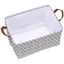 Sea Team Moroccan Geometric Pattern Canvas Fabric Storage Basket Collapsible Geometric Design Storage Bin with Drawstring Cover and PU Leather Handles, 16.5 by 11.8 inches, Waterproof Inner, Grey