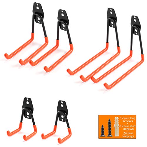 Ihomepark Heavy Duty Garage Storage Utility Hooks for Ladders & Tools, Wall Mount Garage Hanger & Organizer - Tool Holder U Hook with Anti-Slip Coating (6 Pack - Orange)