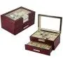 TimelyBuys 20 Cherry Wood Watch Boxes Display Case 2 Level Storage Jewelry Organizer with Glass Top, Stainless Steel Accents, and Drawer
