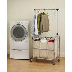 Seville Classics Mobile 3-Bag Reinforced Heavy-Duty Laundry Hamper Sorter Cart /w Clothes Rack