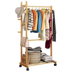 Angels home Simple Bamboo Coat Rack Multifunctional Floor Hanger Bedroom Simple Clothes Rack Modern Mobile Floor Hanger