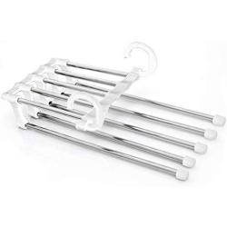 5PC Random Color 5 Tier Multi-Function Portable Clothes Hanger Pants Racks Trousers Hanger Clothes Storage Drying Hanger Stainless Steel Decoration