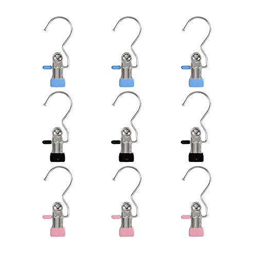 ShineT 9 PCS Stainless Steel Portable Laundry Hook Hanging Clothes Pins Travel Home Closet Clothing Boot Hanger Hold Clips for Pants, Shoes, Towel, Socks