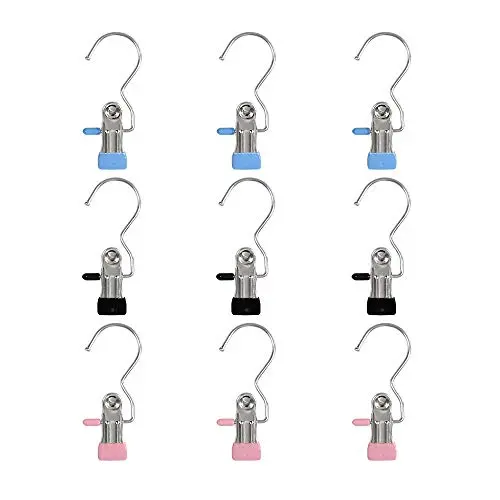 ShineT 9 PCS Stainless Steel Portable Laundry Hook Hanging Clothes Pins Travel Home Closet Clothing Boot Hanger Hold Clips for Pants, Shoes, Towel, Socks ShineT 9 PCS Stainless Steel Portable Laundry Hook Hanging Clothes Pins Travel Home Closet Clothing Boot Hanger Hold Clips for Pants, Shoes, Towel, Socks