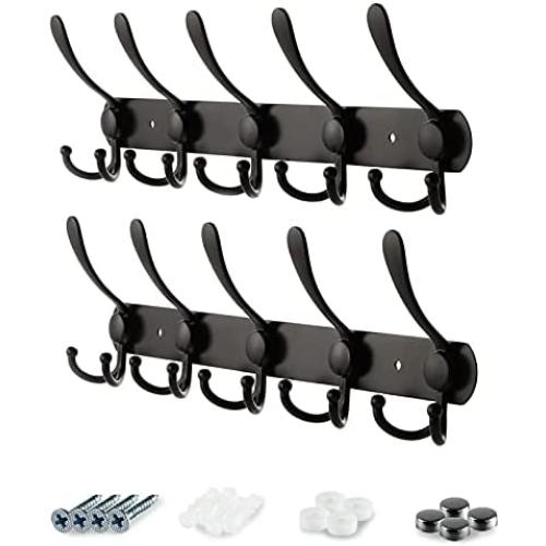 Singda Coat Rack Wall Mount,2 Packs Coat Hanger,Stainless Steel 5 Triple Hooks for Hanging Coats, Waterproof Wall Hooks for Hanging Clothes, Towels, Purse, Hats, Bag, Bathroom, Bedroom, Kitchen Black