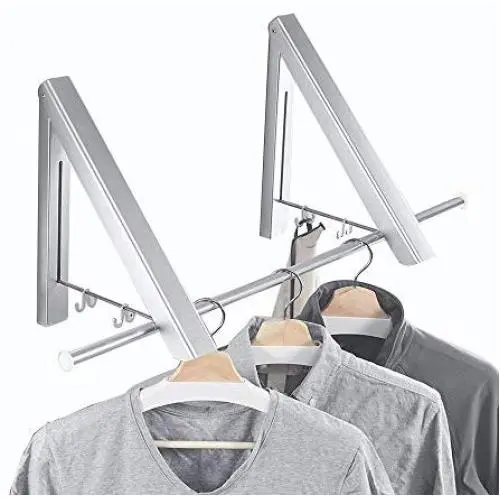 TOOGOO Folding Clothes Hanger Adjustable Drng Rack Retractable Coat Hanger Home Storage Organir Instant Clot, Wall Mounted with Screws,Matte Polished Aluminum alloy2 Packs