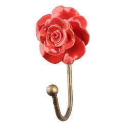 Indianshelf Handmade 1 Artistic Vintage Red Ceramic Flower Wall Hooks Hangers/Bathroom Towel Holder