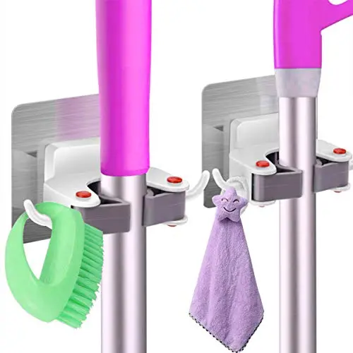 Lunawish Mop and Broom Holder Wall Mount Best Broom Organizer Hook Self Adhesive Hanger for Kitchen Bathroom Over The Door Single Mop Storage Hanging Rack (2 Pack)