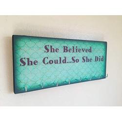 Race Medal Holder/Running Medal Hanger - SHE BELIEVED SHE COULD.SO SHE DID. Wood Wall Mounted Medal Organizer
