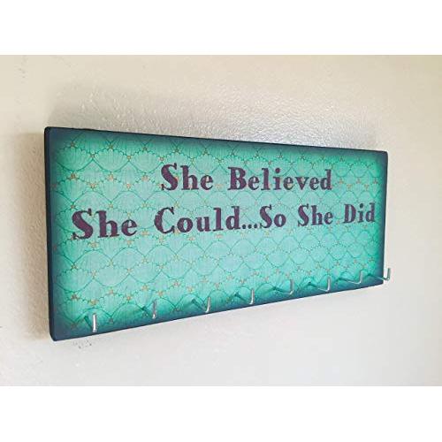 Race Medal Holder/Running Medal Hanger - SHE BELIEVED SHE COULD.SO SHE DID. Wood Wall Mounted Medal Organizer