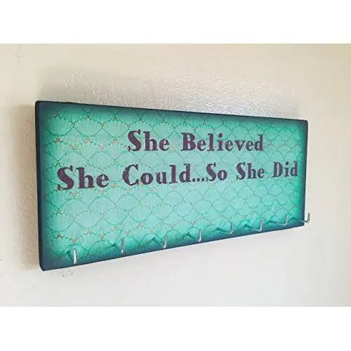 Race Medal Holder/Running Medal Hanger - SHE BELIEVED SHE COULD.SO SHE DID. Wood Wall Mounted Medal Organizer