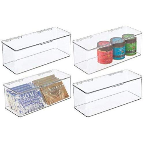 mDesign Stackable Plastic Kitchen Pantry Cabinet/Refrigerator Food Storage Container Bin Boxes with Lid - Organizer for Packets, Snacks, Produce, Pasta - BPA Free - Holds 4.7 Quarts, 4 Pack - Clear