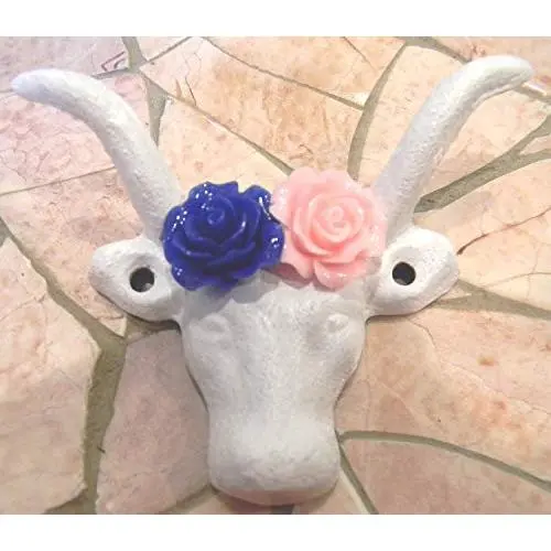 Cast Iron White Wall Hanger, Cow Animal Hook, Rustic Farmhouse Decor, Choice Of Flower Colors
