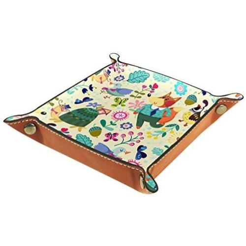 Animals Trees Leather Tray Dice Boxes Bedside Tray Key Watches and Candy Holder Sundries Entryway Tray,20.5x20.5cm