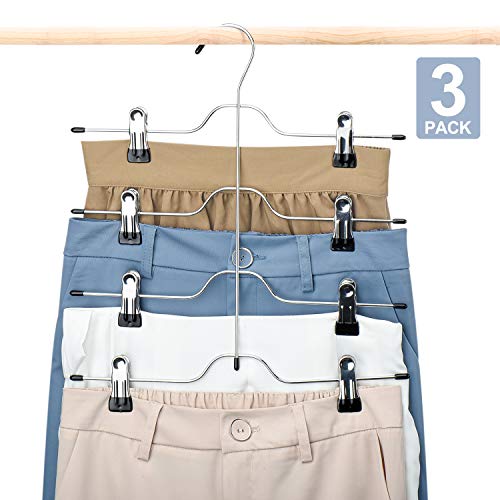 HOUSE DAY Skirt Hangers 4 Tier Skirt Hangers with Clips,3 Pack Space Saving Pants Hangers,Multi Slack Skirt Hanger Metal Trouser Clip Hangers for Slack,Trouser,Jeans,Towels