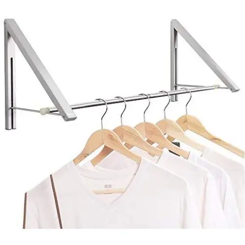 Anjuer Wall Mounted Drying Rack Clothes Hanger Folding Wall Coat Racks Aluminum Home Storage Organiser Space Savers Silver 2 Rakcs with Rod