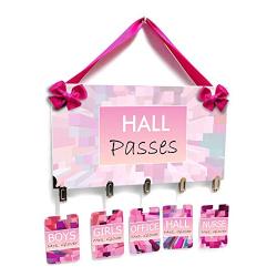 Teacher Classroom Hall Passes with Hanger, Pink Accents Kaleidoscope Theme