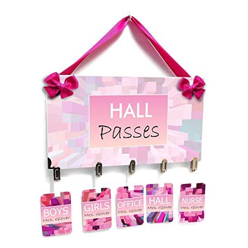 Teacher Classroom Hall Passes with Hanger, Pink Accents Kaleidoscope Theme